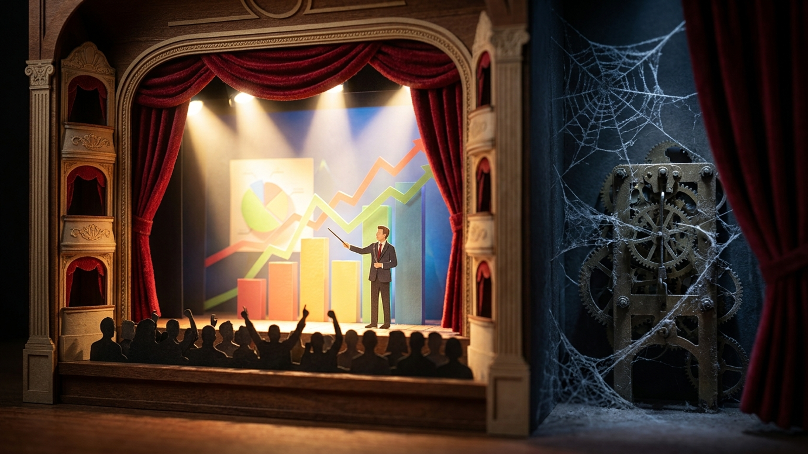 A miniature theatre stage showing glowing charts under spotlights, with mechanical gears idle behind the curtain.